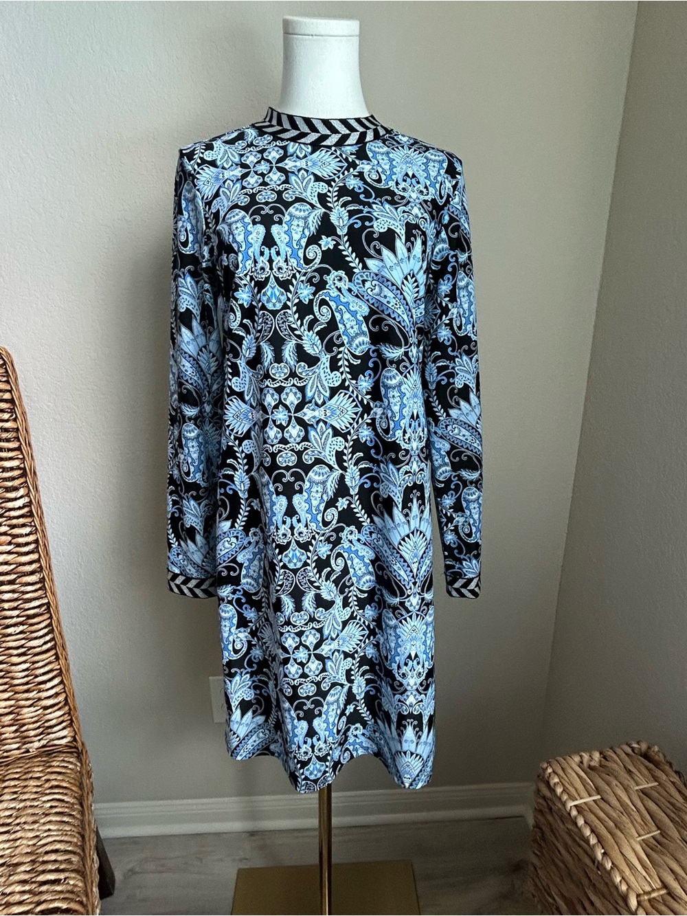 Jude Connally Black Shift Dress with Light Blue Paisley